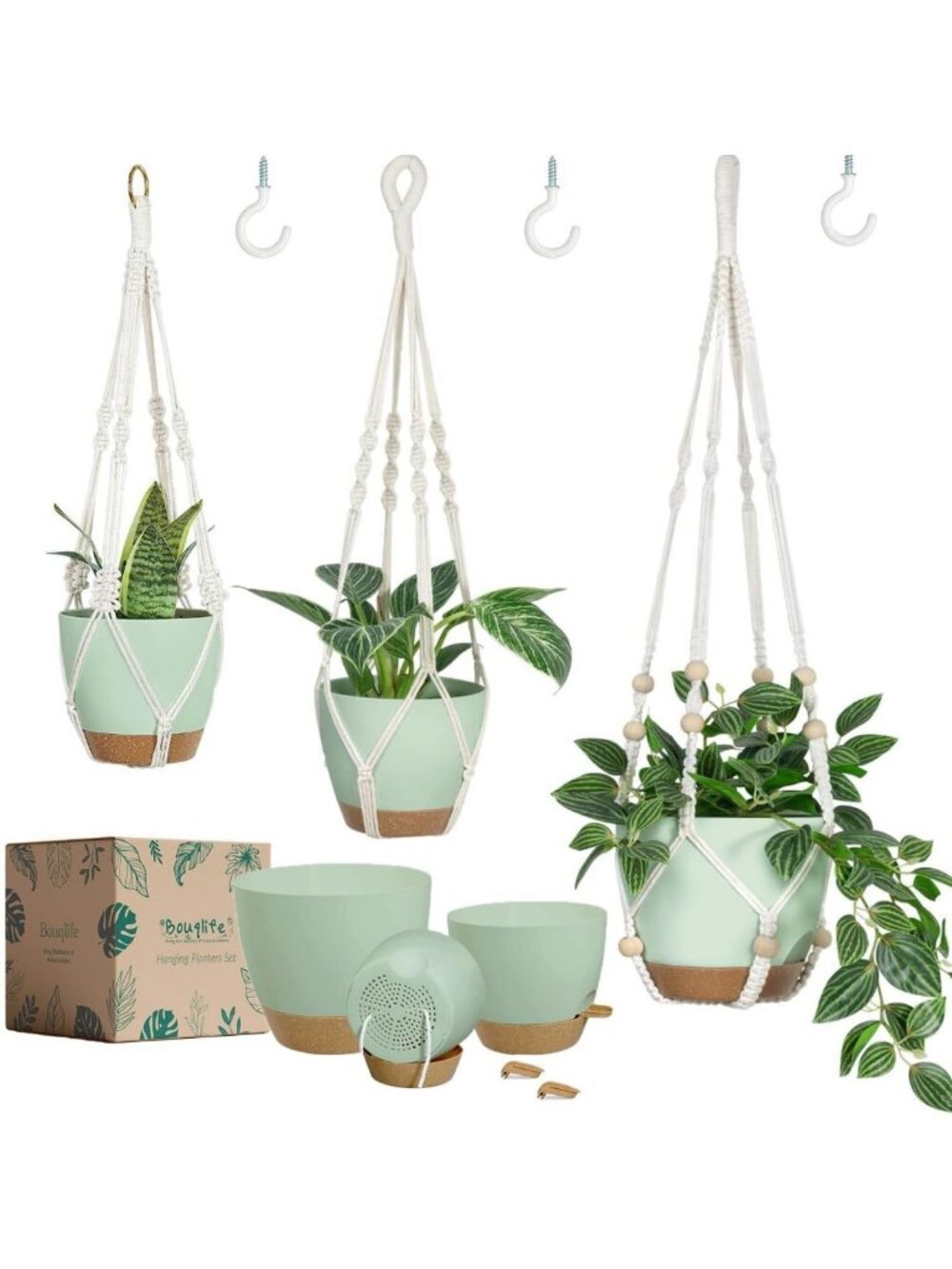 Self-Watering Macrame Hanging Planters - 3 Pack Indoor Plant Pots with Drainage